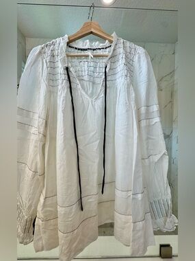 Anthropologie White Babydoll Tunic with Black Tie